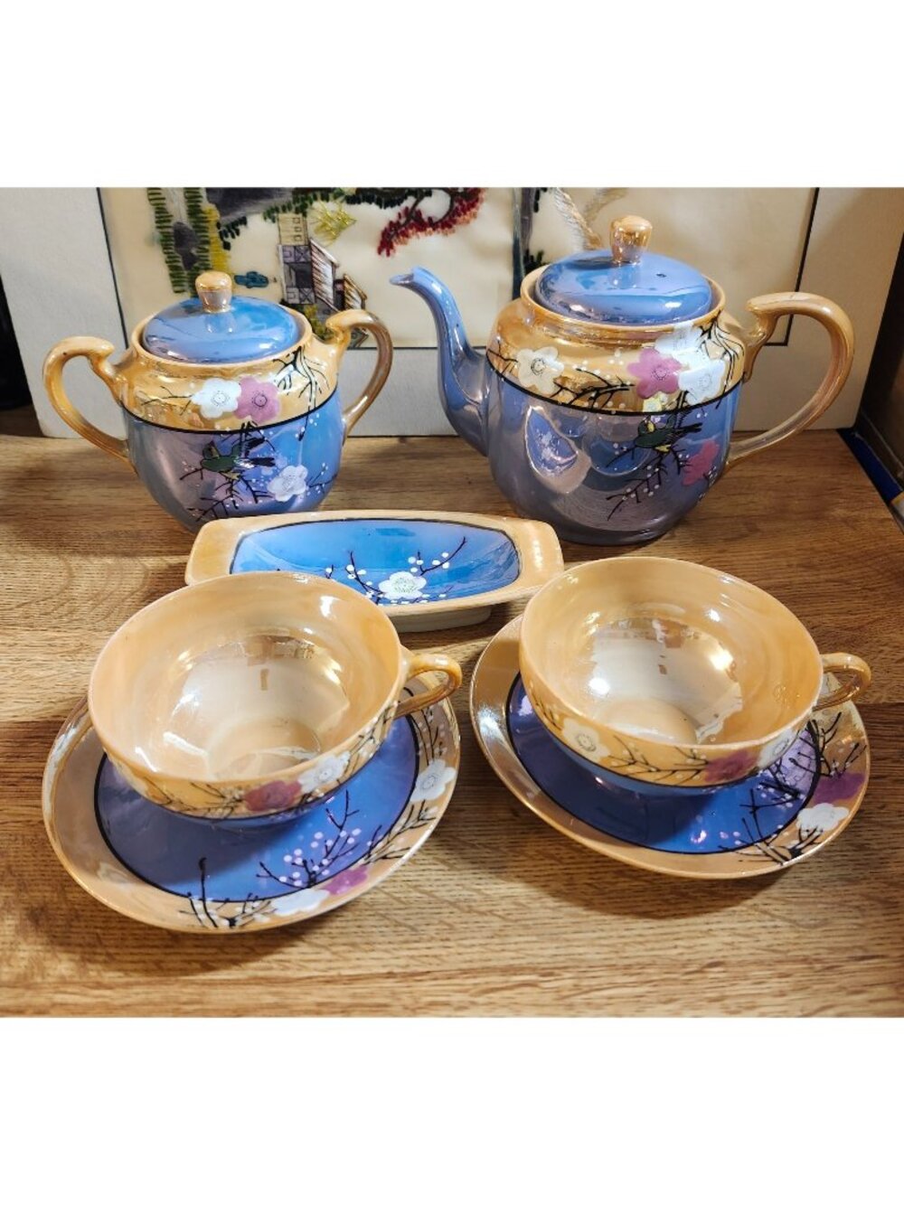 Vintage Japan Lusterware 7 pcs Tea Set Blue Gold Cherry Blossoms & Birds